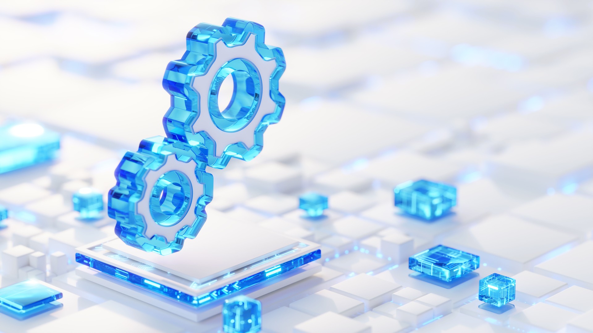 Gears 3d symbol on abstract tech background. Working, solution, teamwork, processing concept.