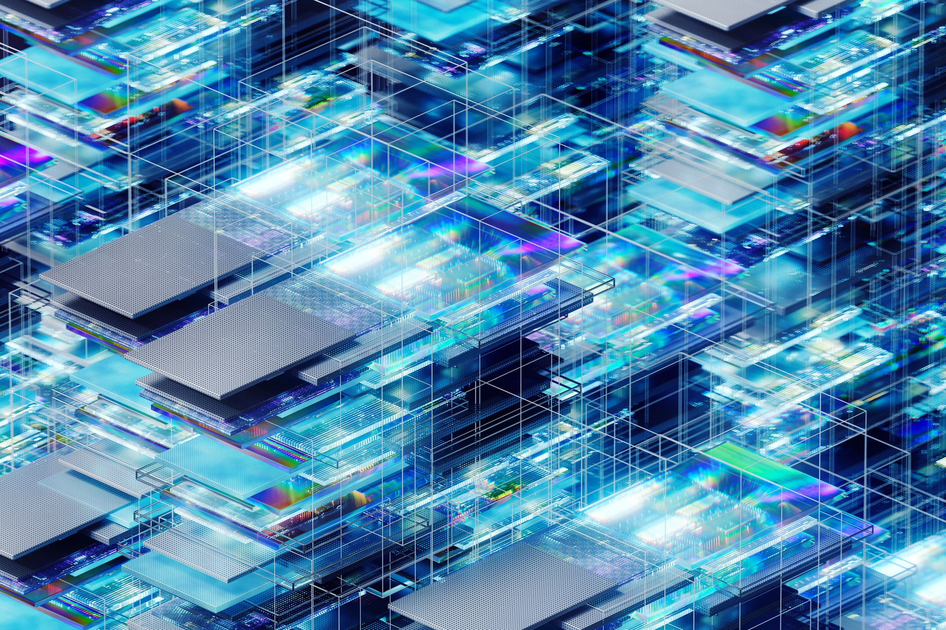 Data cubes composing a complex network, representing artificial intelligence